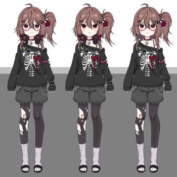 Rule 34 | ahoge, alternate hair length, alternate hairstyle, armlet, bandaid, bandaid on knee, bandaid on leg, belt collar, black-framed eyewear, black pantyhose, black slippers, black sweater, bra strap, bracelet, broken heart, broken heart hair ornament, brown hair, choker, closed mouth, clothes on and off, collar, commentary, double-parted bangs, english commentary, evil neuro-sama, frown, full body, glasses, grey background, grey shorts, hair between eyes, hair ornament, hair ribbon, headphones, headphones around neck, heart, highres, jewelry, multiple bracelets, necklace, neuro-sama, nightmaremask07, off-shoulder sweater, off shoulder, pantyhose, red choker, red ribbon, ribbon, shorts, side ponytail, sidelocks, single hair intake, skeleton print, skull hair ornament, skull necklace, sleeves past wrists, slippers, socks, spiked armlet, spiked hair ornament, split mouth, standing, studded bracelet, sweater, tachi-e, torn clothes, torn hair ribbon, torn pantyhose, v-shaped eyebrows, vedal ai, wallet chain, white background, white socks, x hair ornament