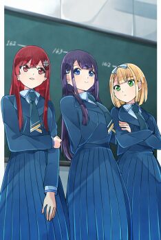 22/7 3girls arms_behind_back blonde_hair blue_bow blue_dress blue_hairband blue_necktie blue_shrug bob_cut boku_ga_motteru_mono_nara bow bow_hairband center-flap_bangs chalkboard closed_mouth collared_shirt crossed_arms dress fanged_bangs feet_out_of_frame flower green_eyes grey_shirt hair_bow hair_flower hair_ornament hairband height_chart highres ichinose_hotaru indoors inverted_bob long_dress long_hair long_sleeves mole mole_under_eye multiple_girls necktie open_mouth pinafore_dress pleated_dress purple_eyes purple_hair red_eyes red_hair saito_nicole sato_reika shirt short_hair shrug_(clothing) sleeveless sleeveless_dress standing trefle_r white_flower