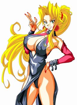 1girl arm_warmers armpits bad_id bad_pixiv_id blonde_hair breasts cleavage cleavage_cutout clothing_cutout covered_navel detached_sleeves dress earrings female_focus green_eyes grin hand_on_own_hip high_ponytail highleg highleg_panties jewelry large_breasts lipstick long_hair makeup mitake830 mitake_2000 nail_polish panties pelvic_curtain ponytail side_slit sidelocks smile sofia sofia_(toushinden) solo tamsoft toushinden underwear v white_background