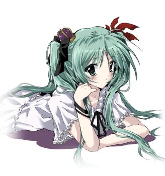 Rule 34 | 1girl, aqua eyes, aqua hair, black bow, black ribbon, blue eyes, blue hair, bow, bracelet, commentary, crown, dress, english commentary, frilled dress, frilled sleeves, frills, hair bow, hair ornament, hair ribbon, hatsune miku, jewelry, long hair, looking at viewer, lying, mini crown, neck ribbon, on stomach, red ribbon, ribbon, short sleeves, simple background, solo, takanashi (takanya shi), twintails, very long hair, vocaloid, white background, white dress, world is mine (vocaloid)