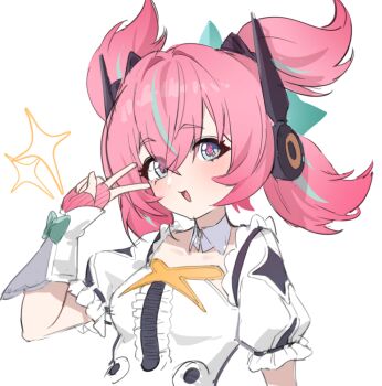1girl :d blue_eyes breasts commentary_request detached_collar dress fingerless_gloves frills gloves hair_between_eyes headphones light_blush lingxing_spooradic multicolored_hair open_mouth pink_hair pink_pupils short_sleeves small_breasts smile sparkle streaked_hair symbol-shaped_pupils upper_body v white_background white_dress yutane_johiel zenless_zone_zero