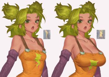 1girl :o absurdres alternate_breast_size_(larger) bare_shoulders breasts cleavage collarbone detached_sleeves furrype4ch green_eyes green_hair highres large_breasts league_of_legends long_hair medium_breasts multiple_views orange_shirt parted_bangs shirt teeth twintails upper_teeth_only white_background zeri_(league_of_legends)