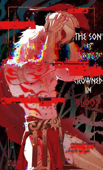 1boy abs arm_tattoo armlet blonde_hair braid chest_tattoo clawed_gauntlets commentary earrings english_commentary facial_tattoo glitch gold_earrings gold_necklace gradient_hair helmet highres holding holding_unworn_helmet honkai:_star_rail honkai_(series) jewelry leg_armor male_focus medium_hair multicolored_hair mydei_(honkai:_star_rail) necklace pink_tribble red_hair red_tattoo side_braid solo tattoo toned toned_male topless_male unworn_headwear unworn_helmet yellow_eyes