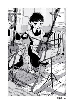 2girls apron boots border bow_(music) collared_dress commentary dress greyscale hair_ornament hair_scrunchie highres indoors instrument laoniujin030 long_sleeves monochrome morin_khuur multiple_girls music music_stand original playing_instrument scrunchie stool symbol-only_commentary wooden_floor