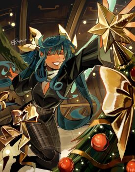 1girl angel_wings asymmetrical_wings black_boots black_shirt blue_hair boots borcheim christmas christmas_lights christmas_ornaments christmas_star christmas_tree commentary cross cross_earrings decorating decorating_christmas_tree dizzy_(guilty_gear) earrings english_commentary foreshortening from_above gold_bow gold_ribbon guilty_gear hair_ribbon high_heel_boots high_heels highres indoors jewelry long_hair monster_girl plaid_clothes plaid_skirt reaching red_eyes ribbon scarf shirt shirt_tucked_in signature skirt smile solo star_(symbol) tail tail_ornament tail_ribbon teeth tree-topper white_scarf wings yellow_ribbon
