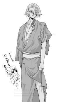 Rule 34 | 2boys, chibi, chibi inset, commentary request, dr. stone, facepaint, facial mark, feet out of frame, fur trim, greyscale, hair between eyes, hair slicked back, haku sx29, hand up, haori, holding, japanese clothes, kimono, looking at viewer, male focus, monochrome, multiple boys, obi, paddle, sash, short hair, simple background, solo focus, standing, stanley snyder (dr.stone), white background, xeno (dr.stone)