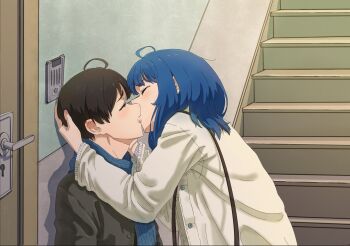 1boy 1girl against_wall ahoge arm_on_another's_head assertive_female black_hair black_jacket blue_hair blue_scarf blush buttons door doorbell french_kiss highres jacket kiss make_heroine_ga_oo_sugiru! nukumizu_kazuhiko scarf stairs strap user_knkt4843 yanami_anna