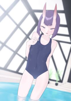 1girl absurdres bare_shoulders blue_one-piece_swimsuit blush bob_cut breasts collarbone covered_navel eyeliner fate/grand_order fate_(series) female_focus highres horns looking_at_viewer makeup one-piece_swimsuit oni open_mouth peachyp pool purple_eyes purple_hair rei_no_pool school_swimsuit short_hair shuten_douji_(fate) skin-covered_horns small_breasts smile solo swimsuit thighs wading water wet