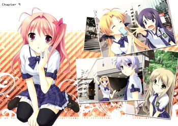 6+girls :3 :o ahoge aoi_sena black_ribbon black_thighhighs blonde_hair blue_hair blush bow bowtie breasts brown_shoes chaos;head chaos;head_love_chu_chu! closed_eyes collared_shirt dress_shirt eating food food_in_mouth from_side green_eyes green_hair hair_bow hair_ornament hair_ribbon hairpin highres holding holding_food holding_popsicle kishimoto_ayase kneeling kusunoki_yua long_hair looking_at_viewer low_twintails medium_breasts miniskirt multiple_girls necktie nishijou_nanami non-web_source official_art one_side_up open_collar open_mouth orihara_kozue photo_(object) pink_eyes pink_hair plaid_bow plaid_bowtie plaid_clothes plaid_necktie plaid_skirt plaid_sleeves pleated_skirt popsicle popsicle_in_mouth purple_bow purple_bowtie purple_eyes purple_hair purple_necktie purple_skirt reaching reaching_towards_another ribbon sakihata_rimi school_emblem school_uniform science_adventure shibuya_(tokyo) shirt shoes short_sleeves sitting skirt small_breasts smile stitched suimei_academy_school_uniform sumi_hei summer_uniform tearing_up thighhighs third-party_edit tokyo_(city) tongue twintails v_arms wariza wavy_mouth white_shirt
