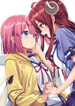 2girls ahoge blazer blue_eyes brown_eyes brown_hair chiyoda_momo demon_girl demon_horns demon_tail eye_contact hair_ornament hairclip hand_on_another&#039;s_face highres holding_hands horns interlocked_fingers jacket long_hair looking_at_another machikado_mazoku mad_(hazukiken) medium_hair multiple_girls open_mouth pink_hair school_uniform simple_background skirt sweatdrop tail tail_wrap yoshida_yuuko yuri