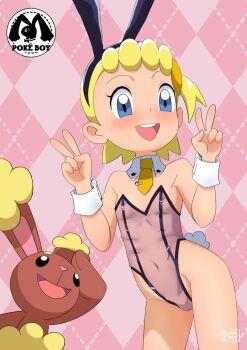 1girl animal_ear_hairband animal_ears artist_name bare_shoulders black_hairband black_leotard blackcatart blue_eyes blush bonnie_(pokemon) buneary collar cowboy_shot detached_collar double_v embarrassed fake_animal_ears fake_tail flat_chest from_below gen_4_pokemon hairband hands_up leotard loli looking_at_another looking_at_viewer looking_down multicolored_leotard necktie nervous nervous_smile nintendo nipples open_mouth pink_background playboy_bunny pokemon pokemon_(creature) pokemon_x_and_y ponytail purple_leotard pussy see-through_clothes see-through_leotard short_hair short_necktie short_ponytail simple_background smile solo_focus standing strapless strapless_leotard tail teeth two-tone_leotard uncensored upper_teeth_only v w_arms watermark white_collar yellow_necktie