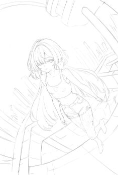 1girl alternate_costume bare_shoulders breasts collarbone commentary crop_top ddcc0123 dutch_angle earrings eyes_visible_through_hair full_body hair_over_one_eye highres jewelry lineart looking_at_viewer medium_breasts mornye_(wuthering_waves) navel parted_lips see-through_body shorts sketch solo standing stomach tacet_mark_(wuthering_waves) triangle_earrings wuthering_waves