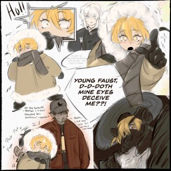 +_+ 1boy 2girls anger_vein animal_print bandage_over_one_eye bandaged_head bandages bird black_coat black_eyes black_gloves black_hanfu black_scarf black_shirt blonde_hair blue_eyes blush brown_hair brown_scarf chicken chinese_clothes closed_eyes coat commentary constricted_pupils covered_mouth don_quixote_(project_moon) english_commentary english_text faust_(project_moon) fur-trimmed_hood fur_hood fur_trim gloves goat_horns hair_between_eyes hair_over_one_eye hanfu hat heathcliff_(project_moon) heishou_pack-mao_branch_(identity)_(project_moon) heishou_pack-wei_branch_(identity)_(project_moon) heishou_pack-you_branch_(identity)_(project_moon) highres hood hood_up horns jacket limbus_company looking_at_viewer mcnauru medium_hair meme multiple_girls old_english_text pointing pointing_at_viewer project_moon rabbit_ornament red_jacket scarf sheep_horns shirt short_hair sparkle sparkling_eyes speech_bubble straw_hat sun_print upper_body white_hair yellow_jacket