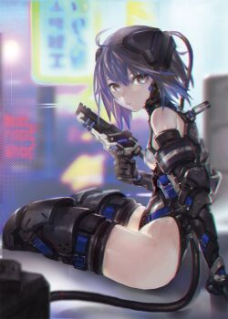 1girl arm_support artist_request bad_id bad_twitter_id black_gloves black_thighhighs blue_hair blurry bonz depth_of_field elbow_gloves female_focus from_side gauntlets gloves grey_eyes gun handgun headgear leotard looking_at_viewer pistol plug short_hair slit_pupils solo thighhighs turtleneck weapon