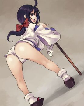 1girl ass bakumatsu_rouman fang hair_ribbon highres ichijou_akari japanese_clothes leaning_forward looking_at_viewer looking_back low_ponytail miko open_mouth platform_clogs ponytail purple_hair ribbon shorts smile snk solo thighhighs thighs