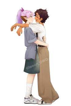2girls amity_blight baggy_pants brown_hair couple dark-skinned_female dark_skin eyebrow_cut from_side happy highres hug leeon_owo_8 looking_at_another luz_noceda multiple_girls pants pointy_ears ponytail purple_hair shoes simple_background skirt smile sneakers socks the_owl_house yuri