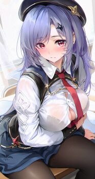 1girl arm_under_breasts black_bra black_hat black_pantyhose blue_skirt blush bra bra_visible_through_clothes breasts button_gap cleavage closed_mouth collared_shirt hair_ornament hat highres indoors iris_(stella_sora) large_breasts long_hair looking_at_viewer necktie on_table pantyhose purple_hair re0n red_eyes red_necktie shirt sidelocks sitting skirt solo stella_sora sweat table underwear virtual_youtuber white_shirt