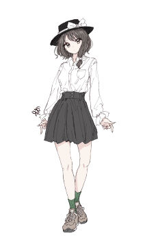 1girl black_hat black_skirt bow breasts brown_eyes brown_hair brown_shoes closed_mouth collared_shirt commentary dot_mouth dot_nose dress_shirt full_body green_socks hair_bow hat hat_bow hat_ribbon head_tilt highres kashiwada_kiiho long_sleeves looking_at_viewer medium_hair pleated_skirt puffy_long_sleeves puffy_sleeves ribbon shirt shoes simple_background skirt small_breasts sneakers socks striped_clothes striped_socks touhou usami_renko vertical-striped_clothes vertical-striped_socks white_background white_bow white_ribbon white_shirt