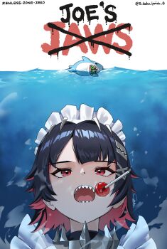 1girl absurdres bangboo_(zenless_zone_zero) black_hair candy colored_inner_hair ellen_joe food hair_ornament highres jaws_(movie) lollipop maid_headdress medium_hair movie_poster multicolored_hair open_mouth parody poster_parody pun red_eyes red_hair sharkboo_(zenless_zone_zero) sharp_teeth signature solo swimming t3ku teeth twitter_username underwater zenless_zone_zero
