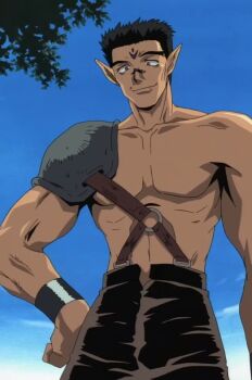 1boy anime_screenshot armor bara black_hair blue_background male_focus muscular muscular_male pointy_ears saiyuki shoulder_armor third-party_edit