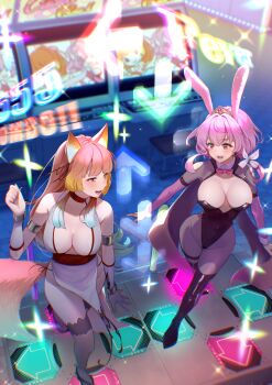 Rule 34 | 2girls, :d, animal ears, arcade, arcade cabinet, armlet, arrow (symbol), bemani, black boots, black leotard, blue hair, blunt bangs, blunt sidelocks, blurry, blurry background, blush, boots, bow, bowtie, bracelet, breasts, checkered floor, choker, cleavage, clothing cutout, commentary, commission, dance dance revolution, dance pad, dancing, ear ribbon, english commentary, fox ears, fox girl, fox tail, from above, full body, gradient hair, hand up, highres, ito haruko, jewelry, large breasts, leotard, lisette (powercrasher2), long hair, long sleeves, looking at another, low twintails, multi-source commentary, multicolored hair, multiple girls, no bra, open mouth, orange hair, original, pelvic curtain, pink bow, pink bowtie, pink eyes, pink hair, rabbit ears, rabbit girl, red choker, rei (freezeflamefox), shoulder cutout, shrug (clothing), sidelocks, skeb commission, smile, sparkle, standing, strapless, strapless leotard, tail, thigh boots, thighhighs, tiara, twintails, video game, wide hips, wing collar