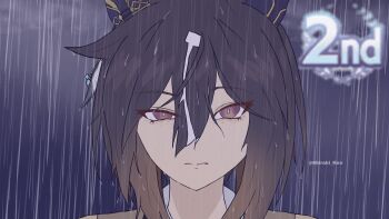 1girl animal_ears black_hair brown_hair closed_mouth coat collared_shirt earrings eye_twitch feather_earrings feathers highres horse_ears horse_girl jewelry looking_at_viewer multicolored_hair ponytail rain reze&#039;s_eye_twitch_(chainsaw_man) shiraki_ken shirt solo stay_gold_(umamusume) umamusume wet white_hair