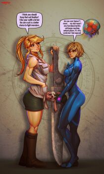 2girls age_difference ass blonde_hair blue_eyes bodysuit boots breasts cosplay costume_switch crossover danderfull english_text giant_sword great_knife green_eyes heather_mason highres huge_ass konami medium_breasts metroid metroid:_samus_returns metroid_(creature) multiple_girls muscular muscular_arms muscular_female muscular_legs nintendo orange_shirt ponytail red_eyes robbie_the_rabbit samus_aran shirt short_hair silent_hill_(series) silent_hill_2 silent_hill_3 size_difference skin_tight skirt sleeveless small_breasts speech_bubble sword thick_thighs thighs vest weapon zero_suit
