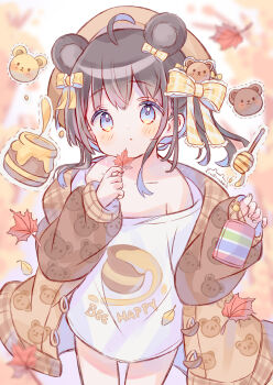 Rule 34 | 1girl, ahoge, animal ears, animal print, artist name, bare shoulders, bear ears, bear girl, bear hair ornament, bear print, black hair, blue eyes, blurry, blurry background, blush, borrowed character, brown hat, brown jacket, buttons, clothes writing, collarbone, commission, cowboy shot, fruitsrabbit, hair between eyes, hair ornament, hair ribbon, hat, highres, holding, holding leaf, honey dipper, honeypot, jacket, koguma yuno, leaf, legs apart, long hair, long sleeves, looking at viewer, maple leaf, no pants, open clothes, open jacket, original, outdoors, parted lips, print jacket, print shirt, ribbon, shirt, skeb commission, solo, standing, sun hat, variant set, white shirt, yellow ribbon