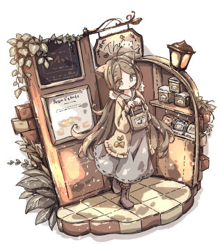 1girl animal_ears bag boots brown_hair cardigan cat_ears chipie_0114 commentary dress full_body highres holding holding_bag long_hair long_sleeves open_cardigan open_clothes original plant solo standing very_long_hair