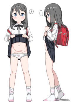 ... 1girl ? animal_print backpack bag black_bow black_skirt blush bow closed_mouth clothes_lift collared_shirt crime_prevention_buzzer dress_shirt grey_hair groin highres lifting_own_clothes loli long_hair multiple_views navel no_shoes original panties panty_pull pleated_skirt print_panties rabbit_panties rabbit_print randoseru red_bag saiste school_bag shirt skirt skirt_lift small_sweatdrop socks spoken_ellipsis spoken_question_mark sweat underwear unworn_panties wavy_mouth white_panties white_shirt white_socks