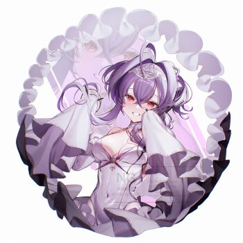 1girl absurdres covered_navel goddess_of_victory:_nikke hair_intakes highres jellyfish_girl leotard liberalio_(nikke) purple_hair red_eyes sleeves_past_fingers sleeves_past_wrists smile solo totonali upper_body white_leotard