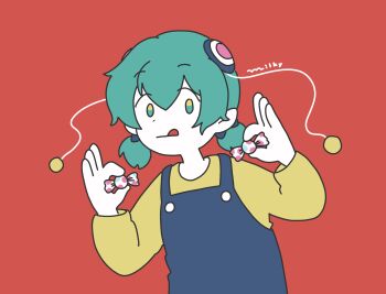 1girl :q antennae aqua_eyes aqua_hair blue_bow blue_overalls bow buttons candy child closed_mouth commentary_request dot_nose english_text flat_color food hagoromo_lala hair_between_eyes hair_bow hair_ornament highres holding holding_candy holding_food low_twintails multicolored_eyes overalls pale_skin pointy_ears precure red_background shirt short_hair short_twintails simple_background solo star_twinkle_precure takahoshi_(yunch327) tareme tongue tongue_out twintails two-tone_eyes upper_body yellow_eyes yellow_shirt