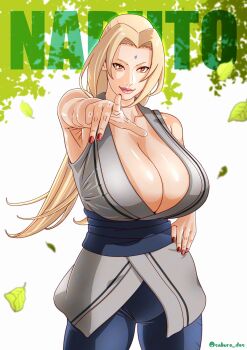 1girl absurdres bare_shoulders blonde_hair breasts brown_eyes cleavage closed_mouth commentary copyright_name facial_mark falling_leaves forehead_mark grandma grey_kimono hand_on_own_hip highres huge_breasts japanese_clothes kimono leaf long_hair looking_at_viewer mature_female naruto_(series) obi old old_woman pointing saburo_des sash short_eyebrows solo standing symbol-only_commentary tsunade_(naruto) twitter_username very_long_hair