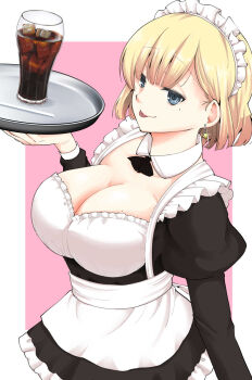 Rule 34 | 1girl, :p, alternate costume, apron, black dress, blonde hair, blue eyes, border, breasts, cleavage, cup, detached sleeves, dress, drink, enmaided, frilled dress, frills, hashtag-only commentary, highres, holding, holding tray, juliet sleeves, large breasts, long sleeves, maid, maid apron, maid headdress, meika-san wa oshikorosenai, mole, mole on breast, mole under eye, outside border, pink background, puffy sleeves, ringed eyes, saitou shouki, short hair, solo, tongue, tongue out, tray, upper body, waist apron, white border