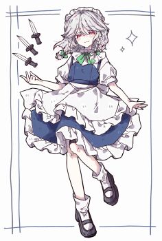 1girl apron black_shoes blue_skirt blush bow bowtie braid braided_sidelocks commentary_request frilled_apron frilled_hairband frilled_skirt frills full_body green_bow green_bowtie hair_between_eyes hair_bow hairband highres izayoi_sakuya knife looking_at_viewer maid maid_apron maid_headdress okura_0915 puffy_short_sleeves puffy_sleeves red_eyes shoes short_sleeves skirt socks solo standing standing_on_one_leg touhou white_apron white_hair white_socks