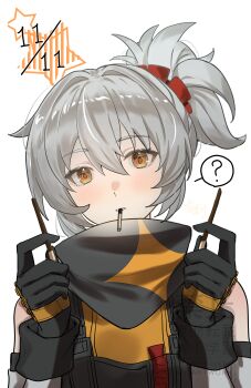 1girl ? absurdres bandana bandana_around_neck bare_shoulders black_bandana black_gloves blush commentary_request dated detached_sleeves food food_in_mouth gloves grey_hair grey_sleeves hair_between_eyes head_tilt highres holding holding_food holding_pocky orange_eyes pocky pocky_in_mouth ponytail portrait sakuraso simple_background soldier_11_(zenless_zone_zero) solo spoken_question_mark star_(symbol) watermark white_background zenless_zone_zero