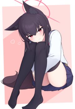 1girl absurdres animal_ear_fluff animal_ears asuparuch black_hair black_thighhighs blue_archive blue_sailor_collar blue_skirt blush closed_mouth commentary_request fox_ears fox_girl hair_between_eyes halo highres hugging_own_legs long_hair no_shoes red_eyes red_halo sailor_collar shirt skirt smile solo thighhighs white_shirt yukino_(blue_archive)
