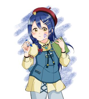 1girl alternate_hairstyle arm_bow artist_name artist_request back_bow beret blue_bow blue_hair blue_pants blush bow braid breasts brooch brown_bow collared_shirt crayon diamond_(gemstone) drawstring dress dress_shirt female_focus hair_between_eyes hair_bow hair_ornament hair_over_shoulder hairclip hat highres holding holding_crayon holding_notebook jewelry lace lace-trimmed_shirt lace_trim light_brown_shirt long_hair long_sleeves looking_at_viewer love_live! love_live!_school_idol_festival love_live!_school_idol_project notebook pants parted_lips pearl_hair_ornament puffy_long_sleeves puffy_sleeves red_bow red_hat shirt single_braid smile solo sonoda_umi white_background wing_collar yellow_eyes