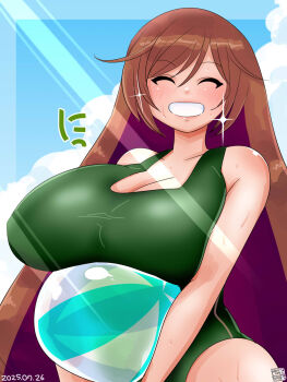 Rule 34 | 1girl, alternate breast size (larger), alternate costume, ball, beachball, blue sky, blush, breast rest, breasts, brown hair, carried breast rest, carrying, cleavage, closed eyes, cloud, commentary request, dated, day, glint, green one-piece swimsuit, grin, highres, holding, holding ball, holding beachball, huge breasts, itini-sanshi, long hair, one-piece swimsuit, outdoors, rozen maiden, sky, smile, solo, suiseiseki, swimsuit, upper body, very long hair