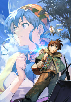 1girl 2boys alex_noah bandana blue_eyes blue_hair brown_hair closed_mouth cloud hungry_clicker long_hair luna_noah lunar lunar:_the_silver_star multiple_boys nall_(lunar) open_mouth planted planted_sword planted_weapon ponytail smile sword weapon