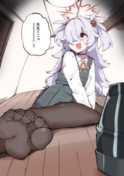 1girl :d absurdres aqua_dress arm_support black_eyes black_pantyhose blue_archive blush bright_pupils brown_eyes choker collared_shirt commentary commission dress eyeball_hair_ornament feet foreshortening grey_hair hair_intakes hair_over_one_eye halo heart height_difference highres indoors kanoe_(blue_archive) long_bangs long_hair long_sleeves looking_to_the_side multicolored_eyes neck_ribbon no_shoes on_floor one_eye_covered open_mouth orange_ribbon pantyhose pinafore_dress pleated_dress pov red_halo ribbon school_uniform shirt sitting skeb_commission sleeveless sleeveless_dress smile soles solo speech_bubble spiked_hair toenails toes translated two-tone_eyes two_side_up v_arms very_long_hair wariza white_pupils white_shirt yakiniku-joan.