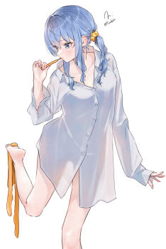 1girl barefoot blue_eyes blue_hair feet hair_between_eyes highres hololive hoshimachi_suisei oversized_clothes side_ponytail simple_background solo toes torokko virtual_youtuber white_background