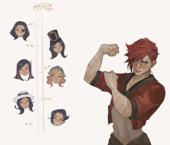 arcane:_league_of_legends arcane_caitlyn arcane_vi battle_academia_caitlyn caitlyn_(league_of_legends) eyepatch eyewear_on_headwear flexing hat heartthrob_caitlyn highres jacket kahelmoan kiss_meter_(meme) league_of_legends meme multiple_persona official_alternate_costume official_alternate_hairstyle pool_party_caitlyn red_hair red_jacket smile sun_hat top_hat vi_(league_of_legends)