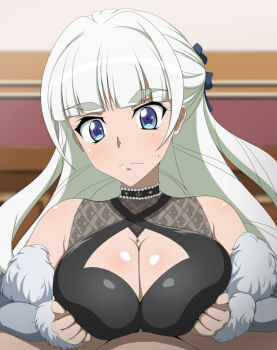 1boy 1girl a_k_g_e_0325 armpit_crease black_dress blue_eyes blue_ribbon breast_press breasts cleavage cleavage_cutout closed_mouth clothed_sex clothing_cutout dress eyebrows_hidden_by_hair fur-trimmed_sleeves fur_trim grey_hair hair_ribbon hetero jewelry large_breasts light_blush long_hair looking_down necklace out_of_frame paizuri pearl_necklace ribbon saint-germain_(symphogear) senki_zesshou_symphogear shiny_skin sweatdrop thick_eyebrows very_long_hair