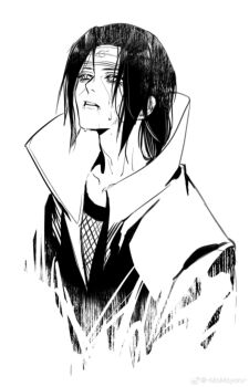 1boy akatsuki_uniform commentary cropped_torso fishnets highres long_hair looking_up male_focus momoyoru1 naruto_(series) naruto_shippuuden parted_lips simple_background solo sweat teeth uchiha_itachi upper_body watermark weibo_watermark white_background