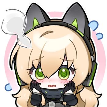 Rule 34 | 1girl, animal ear headphones, animal ears, artist request, black gloves, blonde hair, blush, cat ear headphones, cat ears, chibi, chibi only, fake animal ears, flustered, flying sweatdrops, girls' frontline, girls' frontline 2: exilium, gloves, green eyes, harpsy (girls' frontline 2), headphones, lowres, official art, second-party source, solo, steam, tmp (girls' frontline), wavy mouth