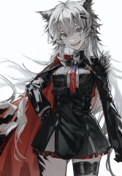 1girl absurdres animal_ears arknights bolo_tie cape chinese_commentary commentary_request cowboy_shot crazy crazy_smile enddie1060_(tyasakura) grey_eyes grey_hair hair_between_eyes hand_on_own_hip highres lappland_(arknights) lappland_the_decadenza_(arknights) long_hair long_sleeves looking_at_viewer material_growth necktie open_mouth oripathy_lesion_(arknights) red_cape red_necktie scar scar_across_eye scar_on_face sharp_teeth smile solo standing teeth wolf_ears wolf_girl