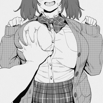 1girl 1other blush bow breasts cardigan checkered_clothes checkered_skirt clenched_hands collared_shirt eyes_out_of_frame fang grabbing_another's_breast groping halftone hands_up head_out_of_frame hs_egg large_breasts monochrome necktie open_cardigan open_clothes open_mouth original pov pov_hands screentones shirt sidelocks simple_background skin_fang skirt sleeves_past_wrists smile sweatdrop twintails upper_body