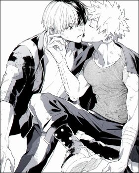 2boys bakugou_katsuki bandaged_arm bandages boku_no_hero_academia boots closed_eyes closed_mouth collarbone crew_neck dirty dirty_face double-parted_bangs hair_between_eyes jacket jacket_on_shoulders male_focus multicolored_hair multiple_boys one_eye_closed open_mouth pants scar scar_on_shoulder shirt short_hair short_sleeves simple_background spiked_hair split-color_hair tank_top todoroki_shoto u.a._gym_uniform umi_(ul8nl) white_background yaoi