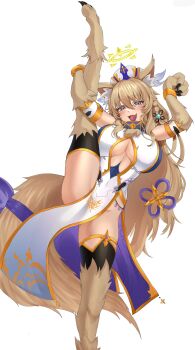 1girl absurdres animal_ears animal_feet animal_hands arms_up blonde_hair blue_eyes blush breasts choppy_bangs commentary commission cowboy_shot dog_ears dog_girl dog_tail dress english_commentary fang hair_between_eyes halo hat highres large_breasts leg_lift leg_up leiden_yaegore long_hair looking_at_viewer open_mouth original pelvic_curtain simple_background skin_fang smile solo split spread_legs standing standing_on_one_leg standing_split tail white_background white_dress white_hat yellow_halo